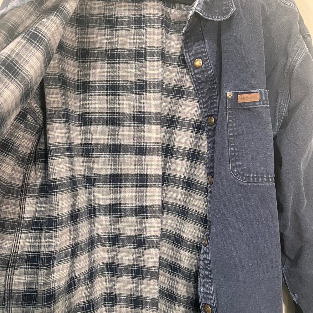Vintage Carhartt Flannel Lined Work Shirt Jacket Navy Blue XL Distressed - Picture 8 of 13